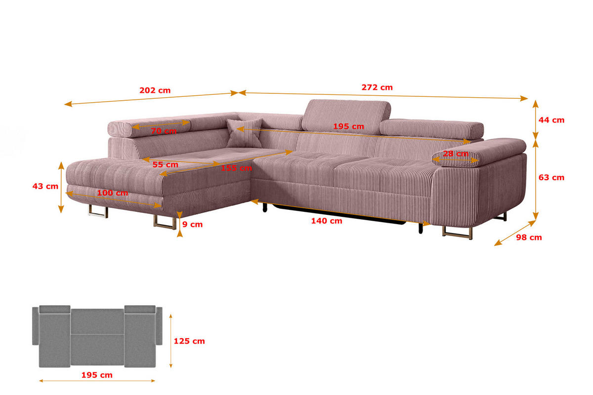 ECKSOFA mit Schlaffunktion und Bettkasten GUSA-L 272x202x107 cm Rosa Cord - Silberfarben/Rosa, Holzwerkstoff/Textil (202/272cm) - ALTDECOR