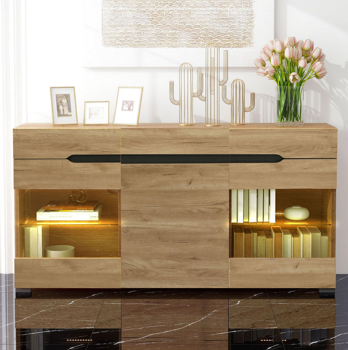 KOMODA 140/35/80 cm z LED osvetlitvijo, 3 vrati in 3 predali, hrastova - naravne barve, leseni material (140/80/35cm) - Redom