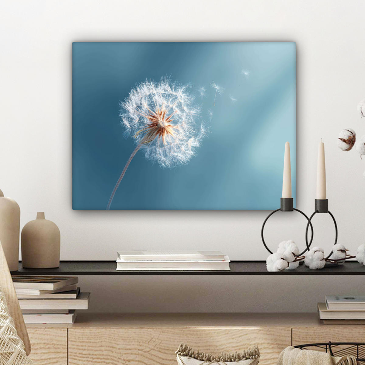 LEINWANDBILD Löwenzahn - Wind - Blau Wandbild 40x30 cm - Blaugrau, Textil (40/30cm) - MuchoWow