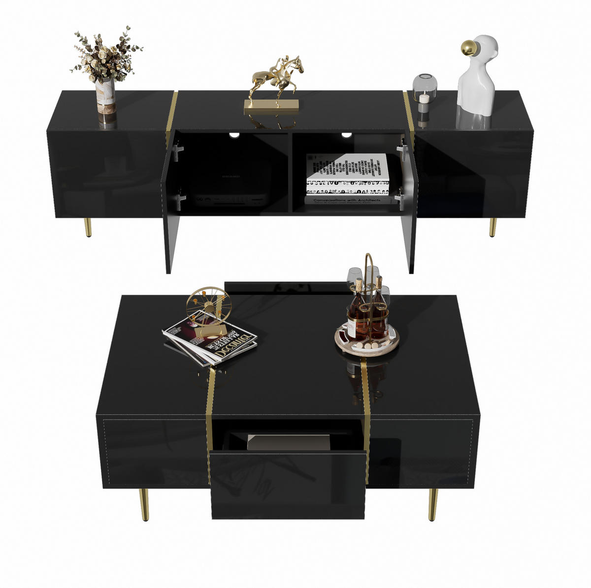 TV-ELEMENT mit Couchtisch - Kombination 2er-Set Schwarz mit Goldakzenten - Schwarz, Holzwerkstoff (170/46/35cm) - OKWISH