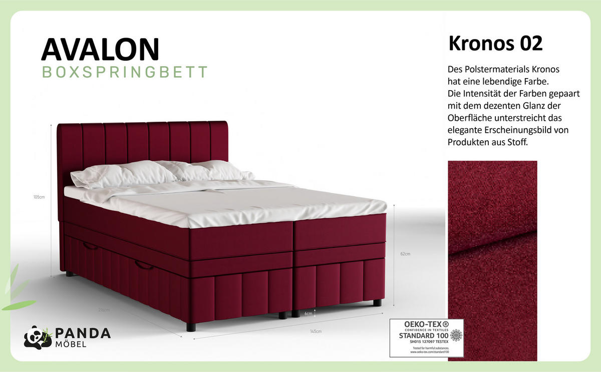 BOXBETT AVALON 140 x 200 cm mit Bettkasten und Topper - Rot - Rot, Holz - Panda Möbel