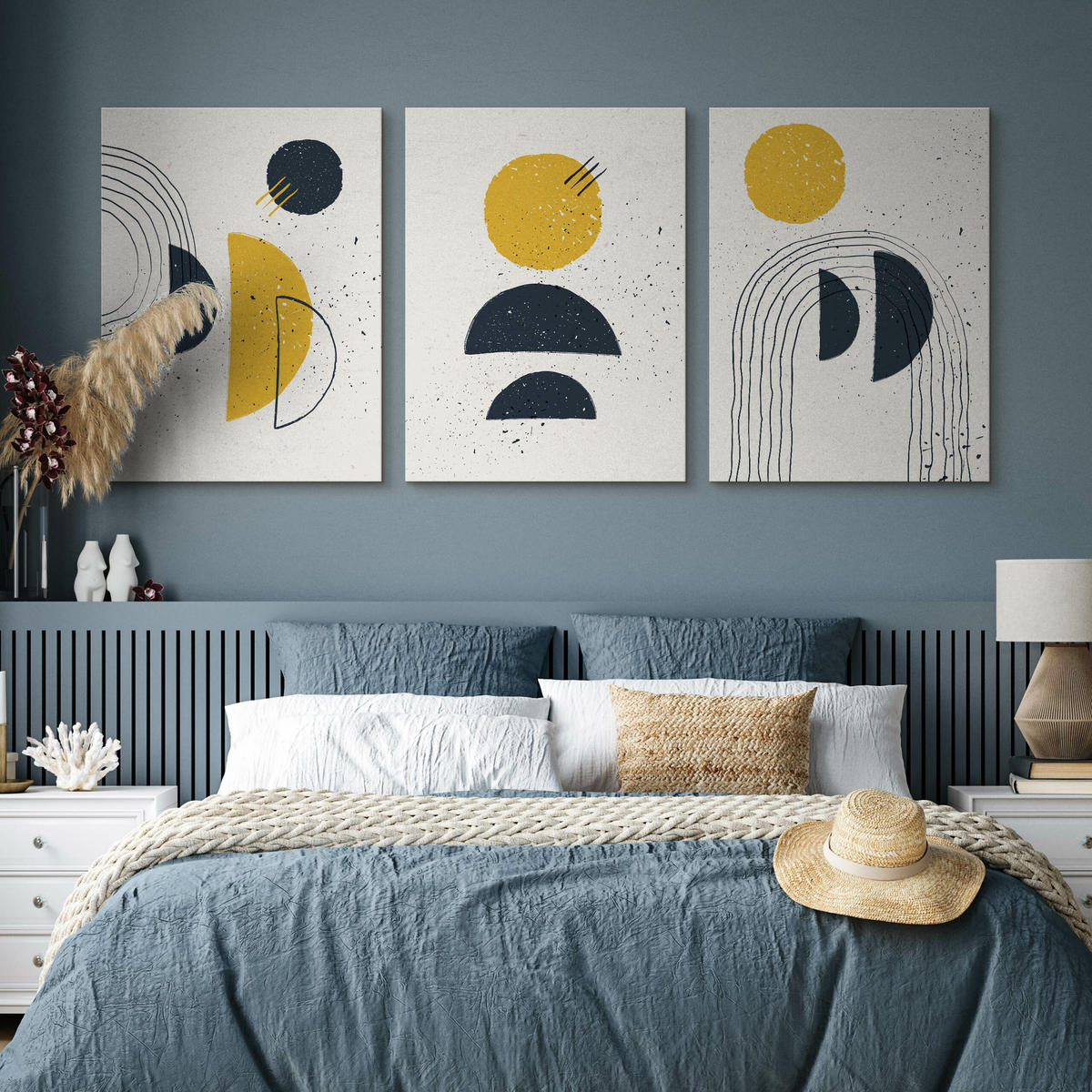 LEINWANDBILDER 3-er Set Abstrakt Muster - Türkis/Blau, Textil (90/40cm) - Muralo