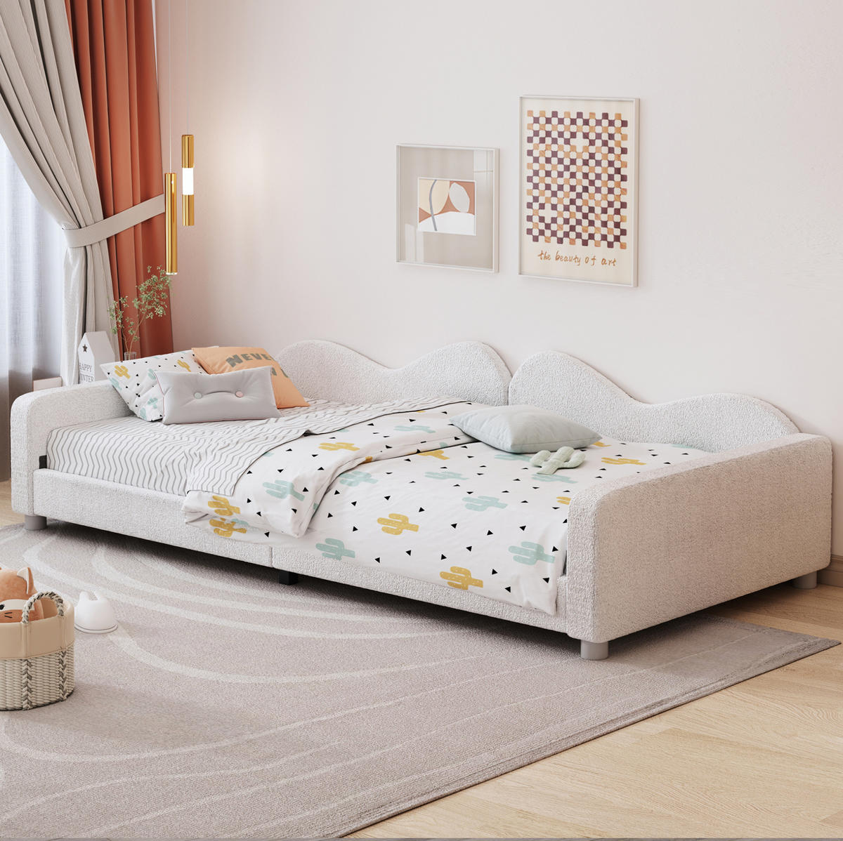 KINDEREINZELBETTEN aus Teddystoff 214,5x95x42 cm in Weiß mit Rückenlehne - Weiß, Textil (90/200cm) - Modfu