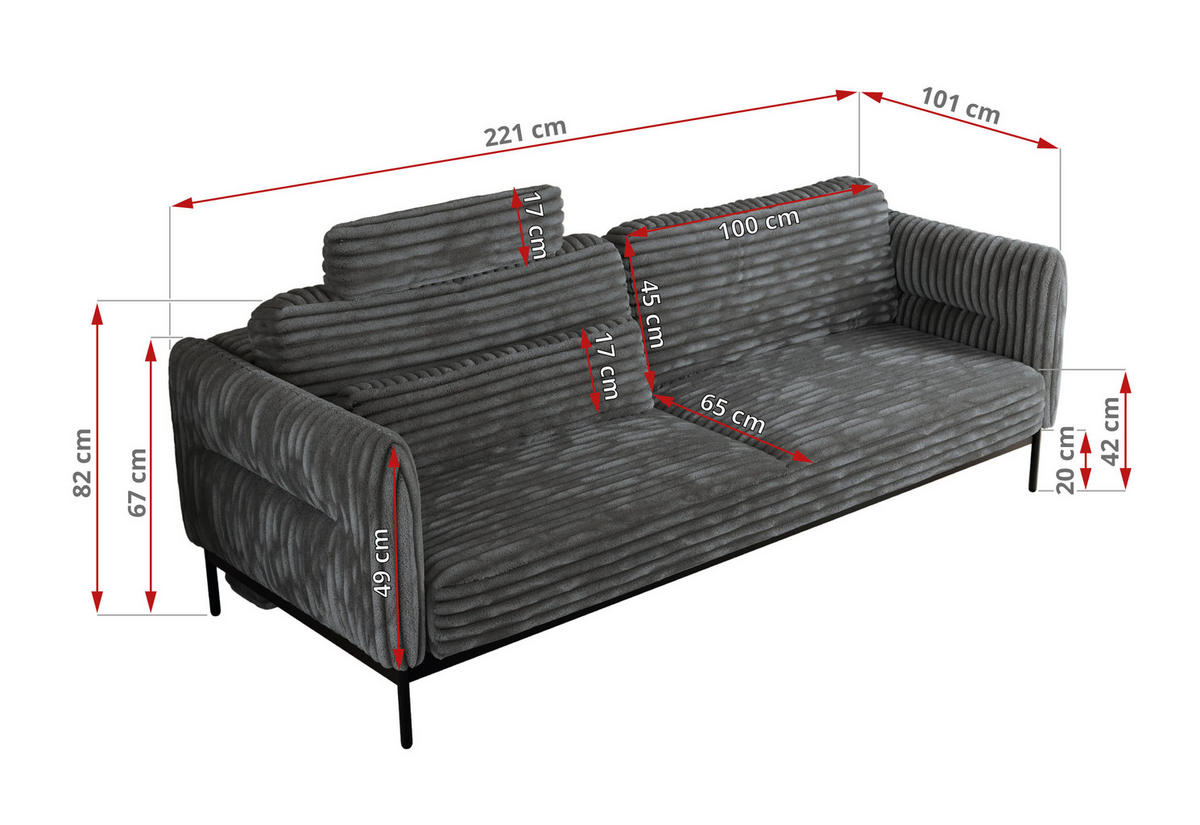 SOFA SALENTO Dunkelgrau Cord - Dunkelgrau/Schwarz, Textil/Metall (221/82/101cm) - MKS