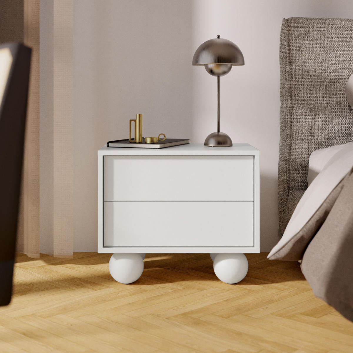 NACHTTISCH Adel mit 2 Schubladen und runden Füßen, 54 cm, Griffloss, Weiß - Weiß, Holzwerkstoff (54/35/38cm) - Beautysofa