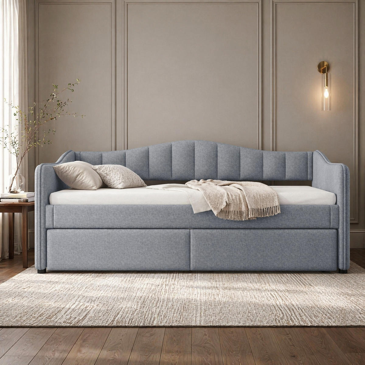 POLSTERBETT 90/200 mit Ausziehbett und LED-Beleuchtung in Grau - Grau, Holzwerkstoff/Textil (90/200cm) - EVRYAE
