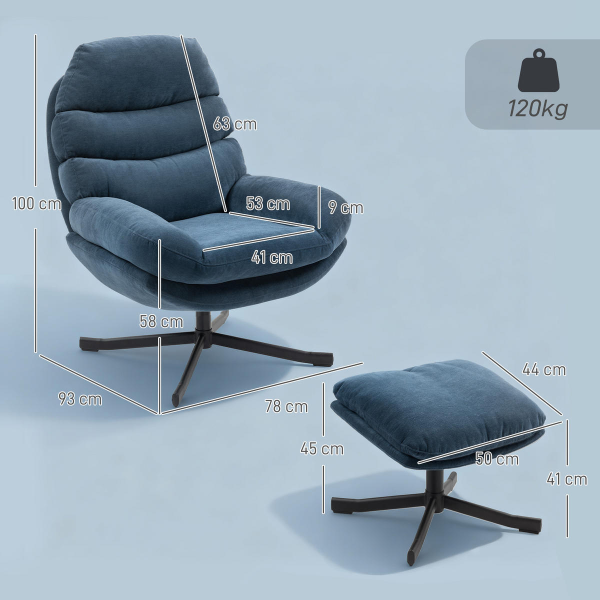 RELAXSESSEL mit Hocker Sessel Loungesessel mit Chenille-Stoff Fernsehsessel Blau - Blau/Schwarz, Textil/Metall (78/100/93cm) - HOMCOM