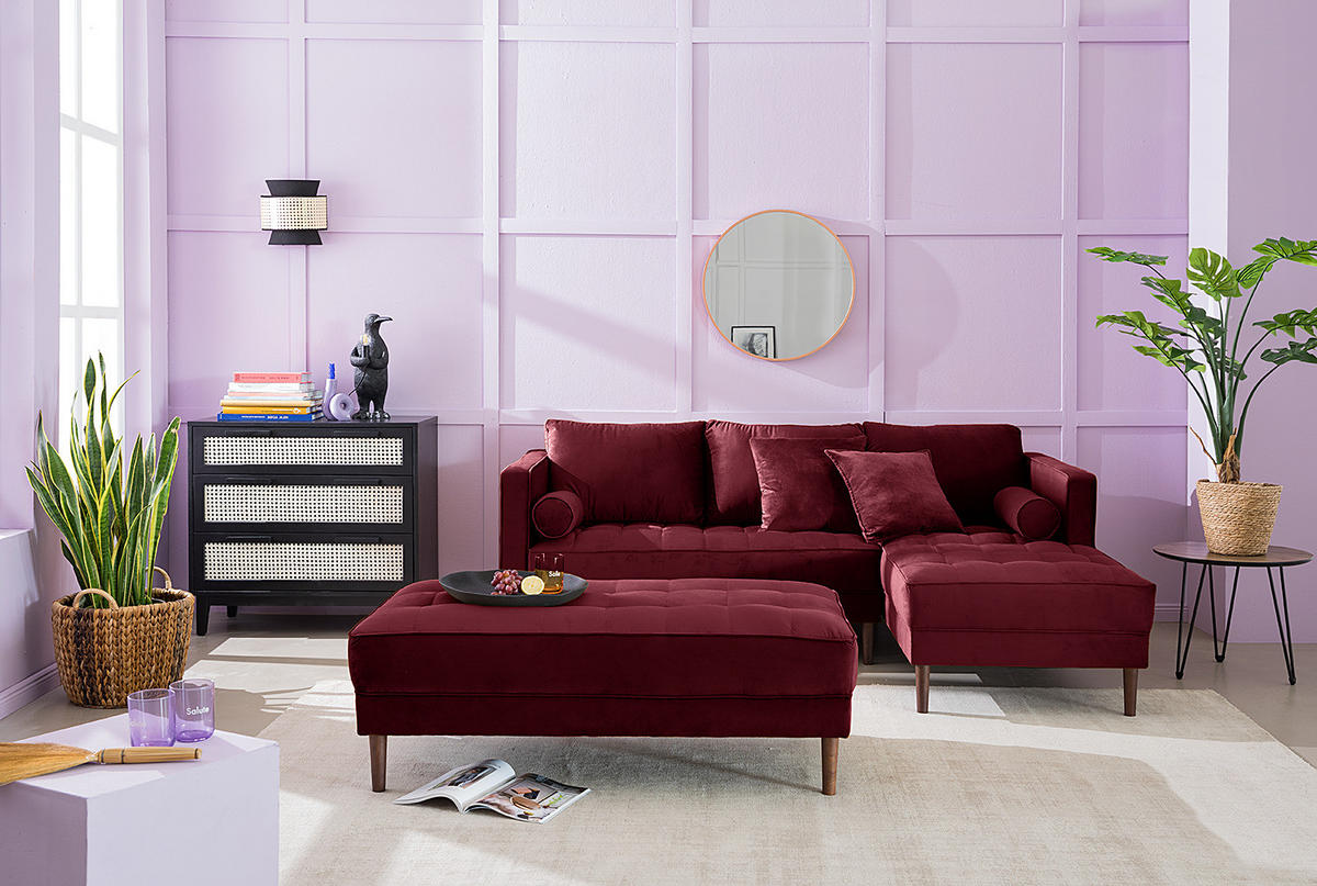 ECKSOFA - Samt - Dunkelbraun/Weinrot, Birkenholz/Textil (201/155cm) - home24