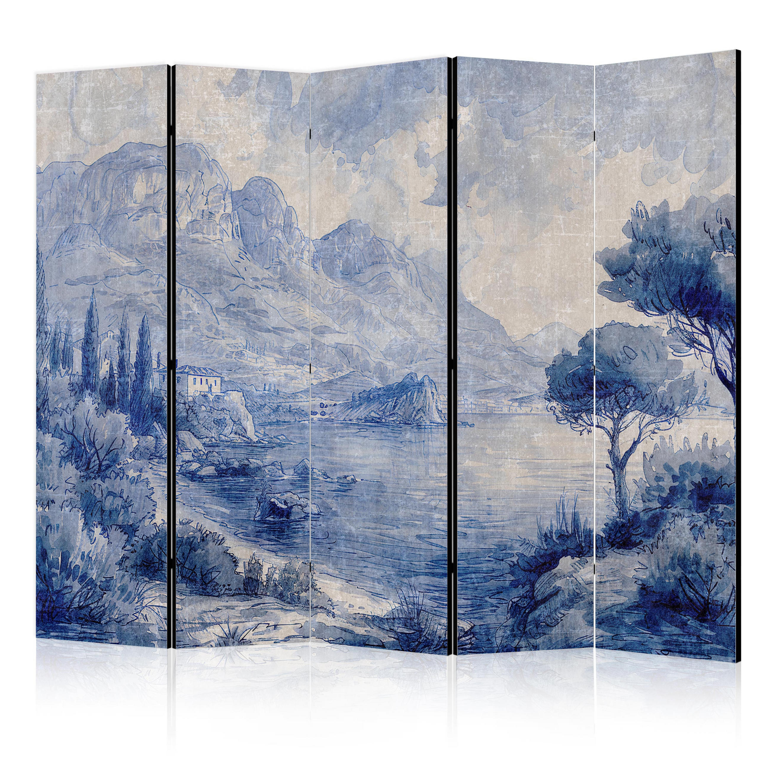PARAVÁN Obojstranný 5-dielny 225x172 cm Komské Jazero - modrá, drevo/textil (225/172/3cm) - Muralo