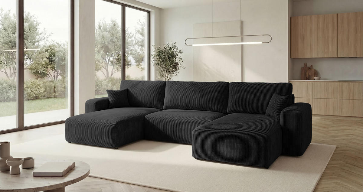 WOHNLANDSCHAFT BERLIN U-Form schwarz Cord Poso 135 - Schlaffunktion, Bettkasten - Schwarz, Textil (385/86/185cm) - Cornero
