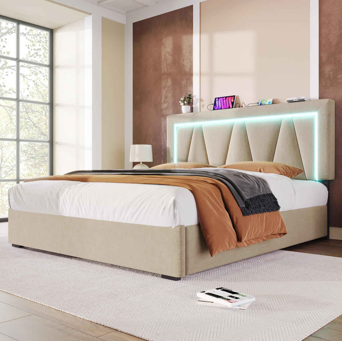 ČALÚNENÁ posteľ z ľanového materiálu 140x200 cm béžová s LED osvetlením, USB a úložným priestorom - béžová, textil (140/200cm) - Modfu