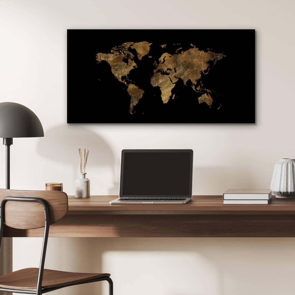 KOVOVÝ OBRAZ Mapa sveta - Zlato - Luxus - Zem - Čierna 80x40 cm - zlatá, kov (80/40cm) - MuchoWow