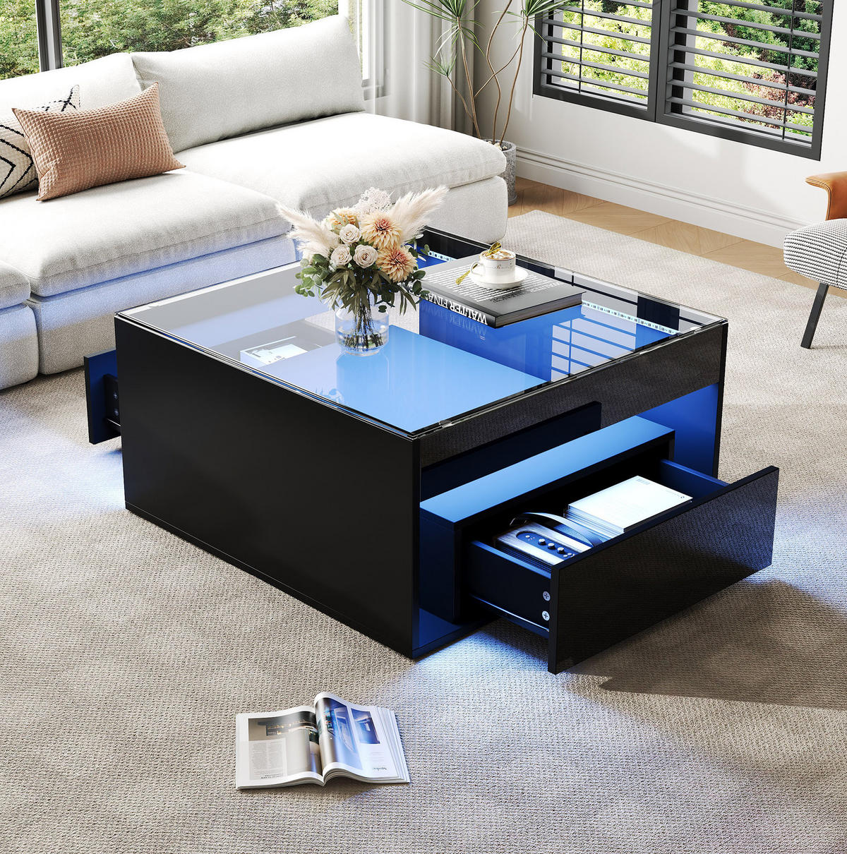 COUCHTISCH aus MDF und Glas 70x70x35 cm Schwarz mit 2 Schubladen und LED-Beleuchtung - Schwarz, Holzwerkstoff (70/70/35cm) - IVMEU