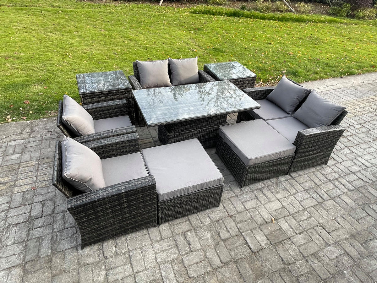 GARTENMÖBEL-SET mit Kissen Polyrattan Dunkelgrau 8-Sitzer - Dunkelgrau, Metall - Fimous