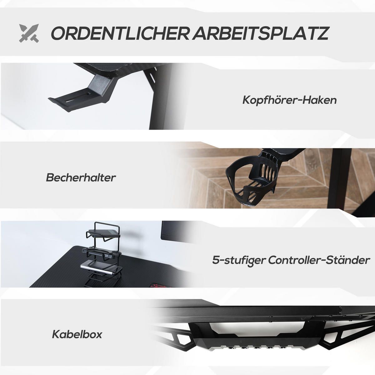 GAMING-TISCH, MDF, Eisen, Schwarz+Rot - Schwarz, Kunststoff (168/109/78cm) - HOMCOM