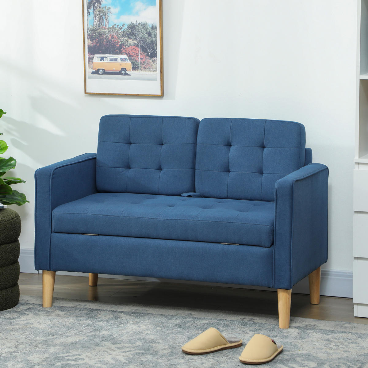 ZWEISITZER-SOFA DE-06501 Knopfheftung, Kautschukholz Blau - Blau, Holz/Textil (117/78/62cm) - ComfortXL