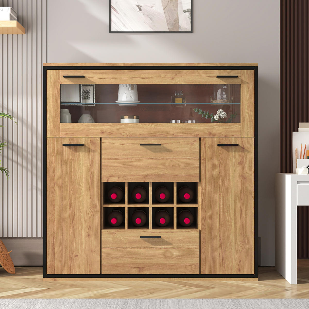KOMODA za vino, 110/38/111 cm, iveral u prirodnoj i crnoj boji, s LED rasvjetom - prirodne boje, drvni materijal (110/111/38cm) - BEAOK