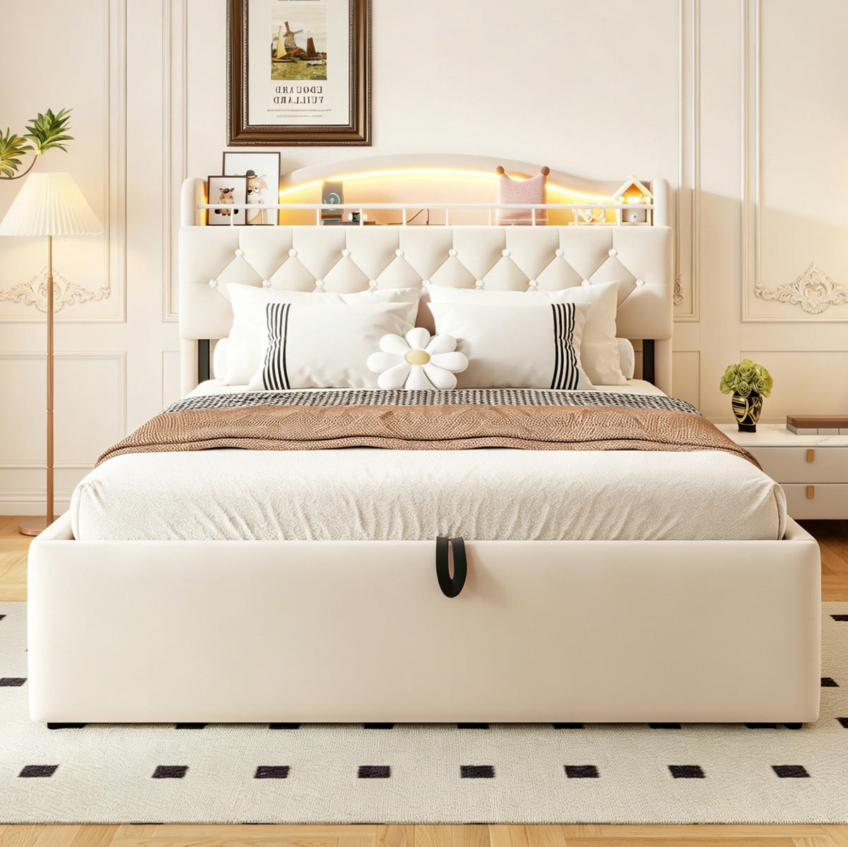 POLSTERBETT 140/200 cm aus Stoff und Metall mit Stauraum, Beige - Beige, Textil (140/200cm) - OKMYHOME