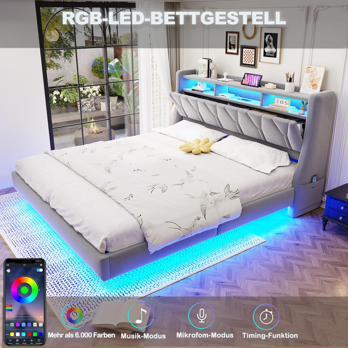POLSTERBETT 180/200 cm mit LED, USB-/Typ-C-Anschluss, Stauraum-Kopfteil und Samtbezug, Hellgrau - Grau, Textil (180/200cm) - Redom