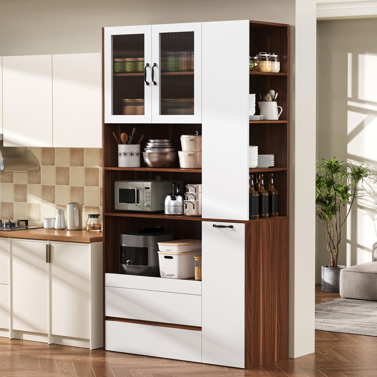 HIGHBOARD 100/40/200 cm in Weiß/Nussbaum mit Riffelglas und 2 Schubladen - Weiß, Holzwerkstoff (100/200/40cm) - Flora Grace
