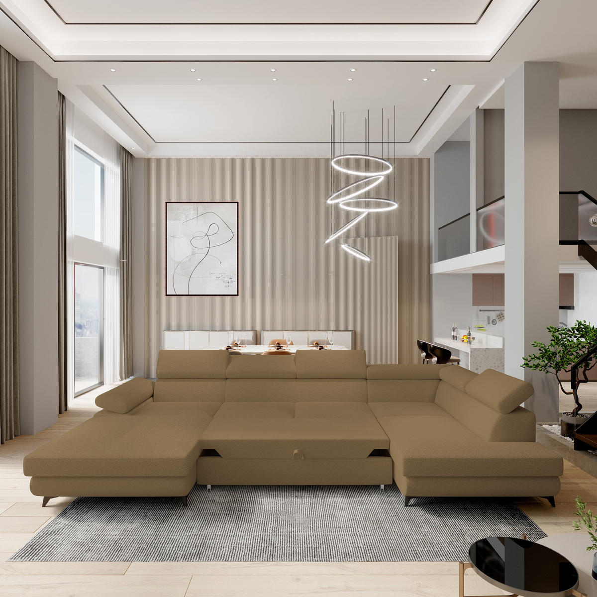 WOHNLANDSCHAFT RUBANO R-S Orange Boucle-Stoff mit Schlaffunktion - Orange, Holz (339/89/190cm) - MASSENO