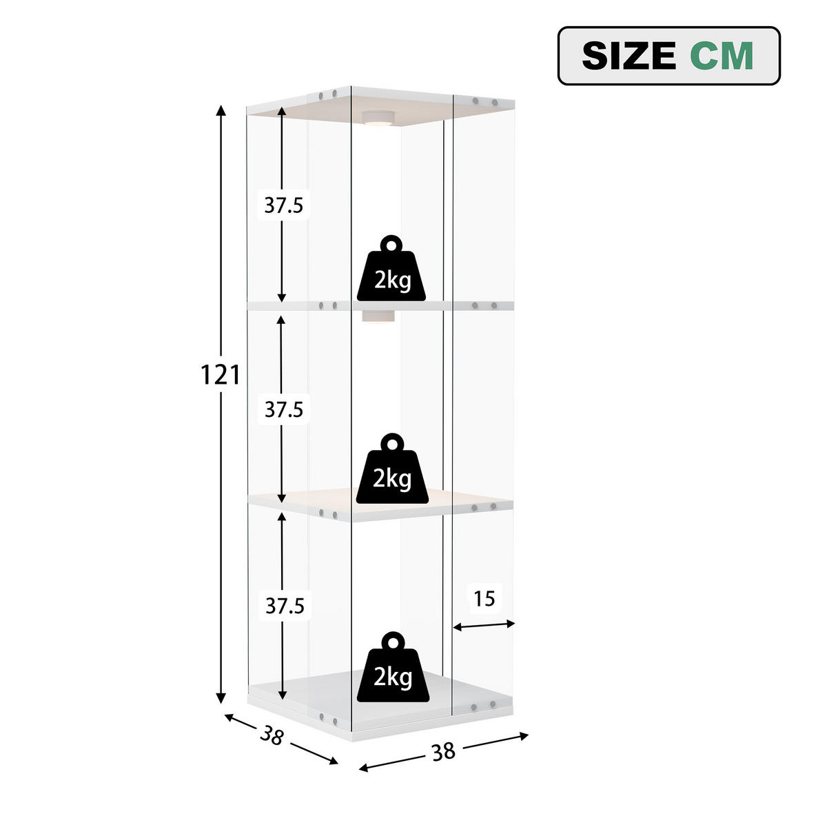 GLASVITRINE mit 3 Einlegeböden, 360-Grad-Drehbasis, Berührungs-LED, in Weiß - Weiß, Glas (38/121/38cm) - BRILVERDE