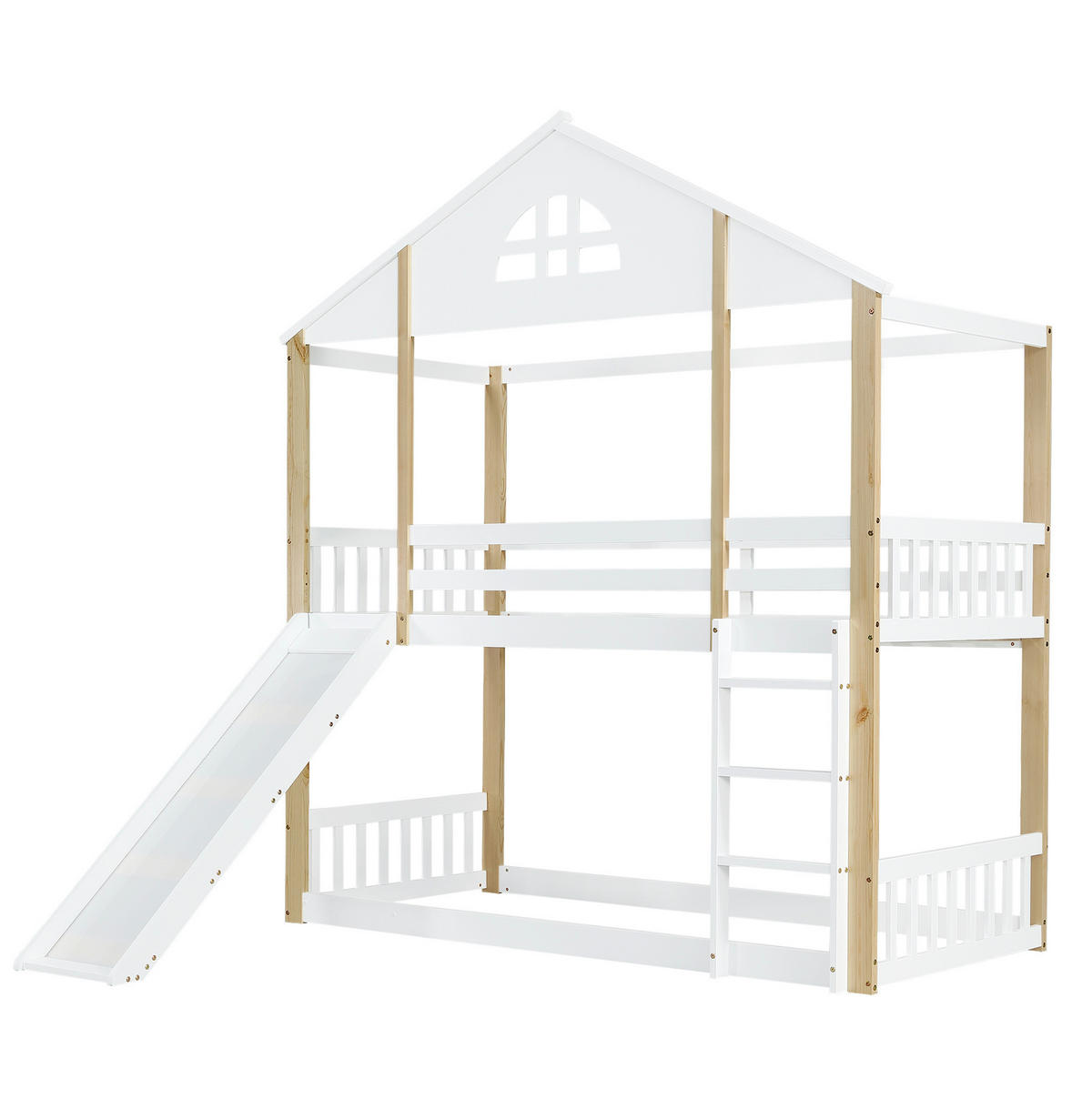 ETAGENBETT aus MDF 90x200 cm Weiß/Natur mit Rutsche, Winkeltreppe und Haus-Design - Weiß, Holzwerkstoff (90/200cm) - Modfu