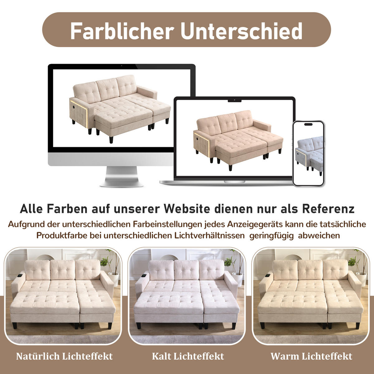 ECKSOFA 185/135/85 cm beige aus Chenille mit LED, USB und Fußhocker - Beige, Kunststoff (135/185cm) - OKWISH