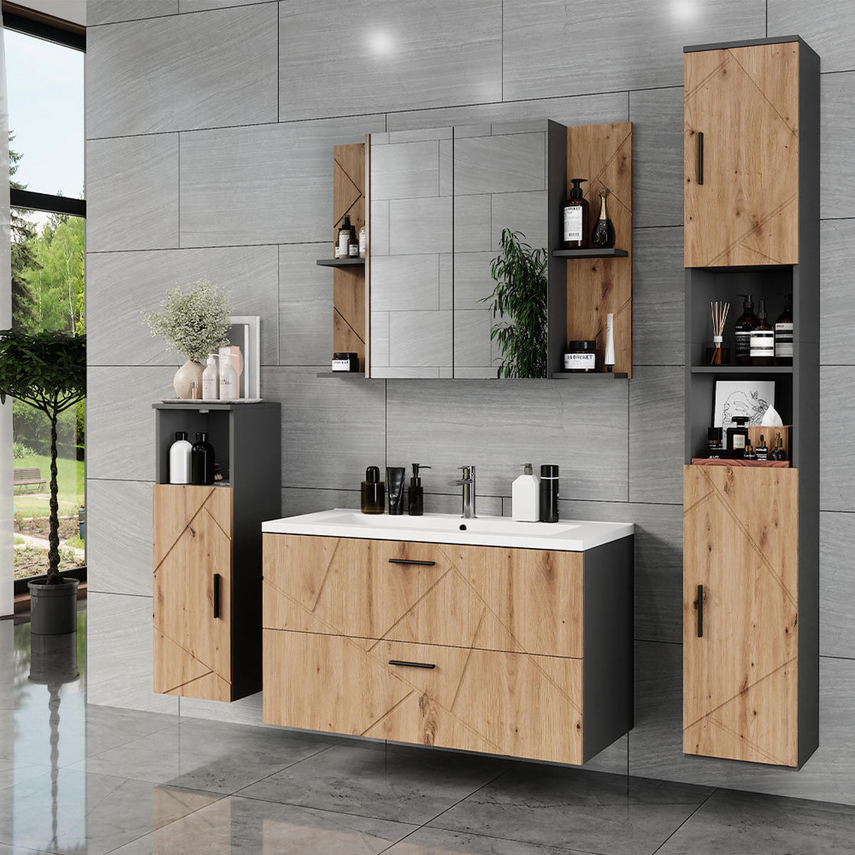 KOUPELNOVÁ SESTAVA NÁBYTKU Irma Antracit - antracitová/dub artisan, kompozitní dřevo (100/57/44.6cm) - Vicco