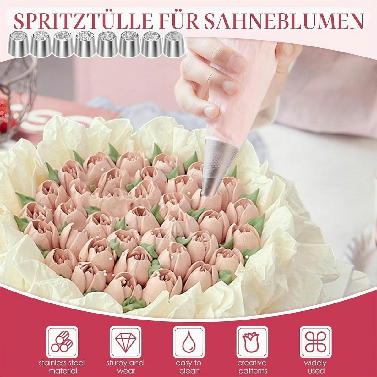 SPRITZTÜLLEN 8-teiliges Set Edelstahl Blumenmuster - Silberfarben, Metall (4.5/4.5/5.5cm)