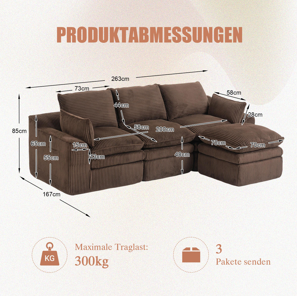 3-SITZER-KORDSOFA 263/167/85 cm mit Hocker, Kissen, Seitentaschen und Federkern, Braun - Braun, Textil (263/85/167cm) - Redom