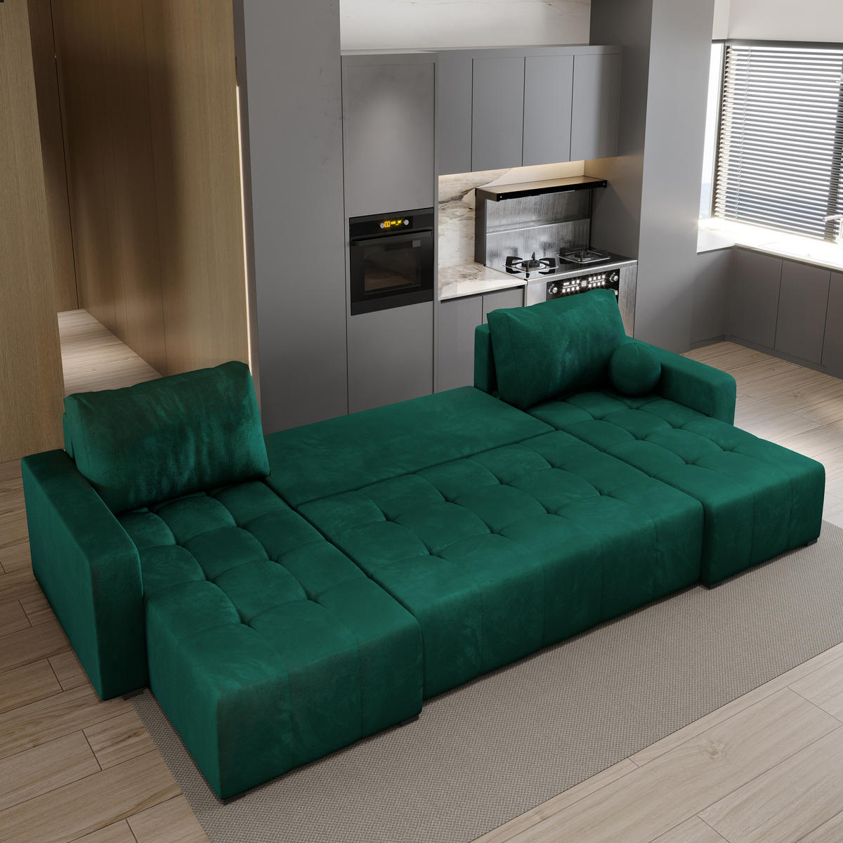 WOHNLANDSCHAFT TOLARI Grün Plüsch-Stoff mit Schlaffunktion - Grün, Holz (295/85/140cm) - MASSENO