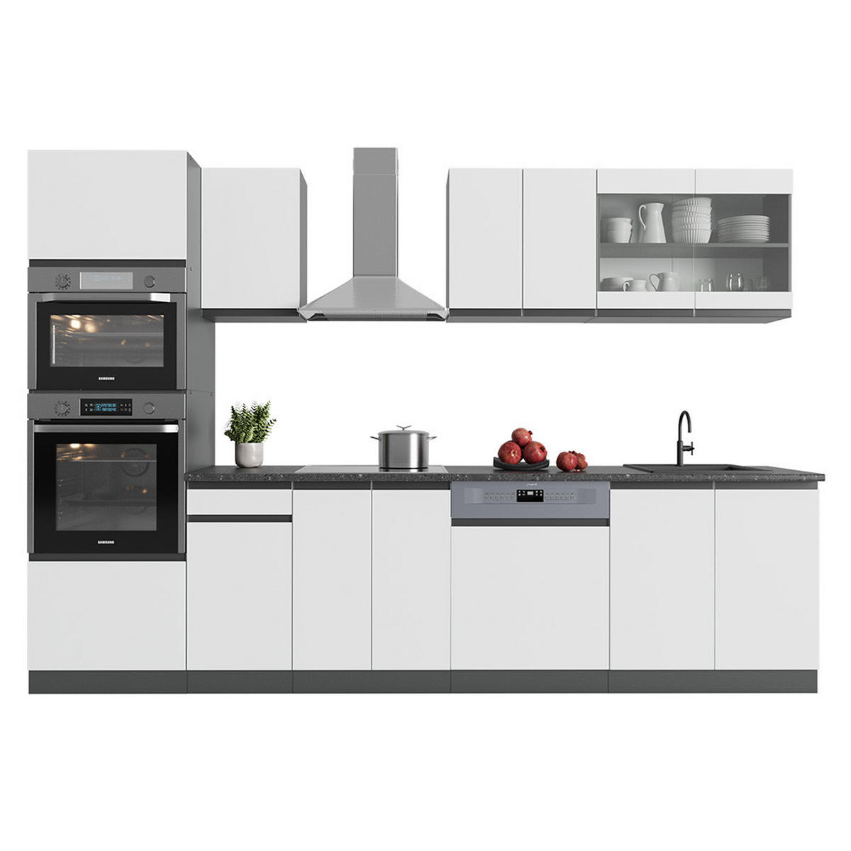 KÜCHENZEILE R-Line Weiß/Anthrazit 300 cm mit Hochschrank, AP Eiche - Anthrazit/Weiß, Holzwerkstoff (300/81.6/60cm) - Vicco