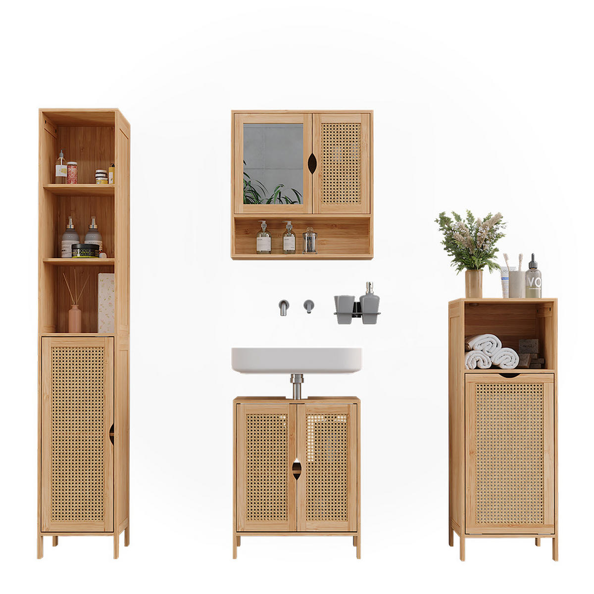 BADMÖBEL-SET Liora Bambus 4 Teile - Grün, Holzwerkstoff (48/60/29cm) - Vicco