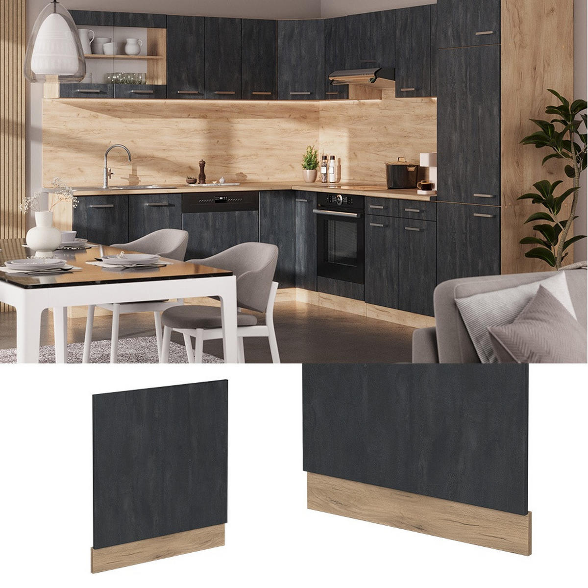 PREDNÝ PANEL R-Line Čierny betón 60 cm Bez pracovnej dosky - čierna/dub medový, kompozitné drevo (60/57.2/1.6cm) - Vicco