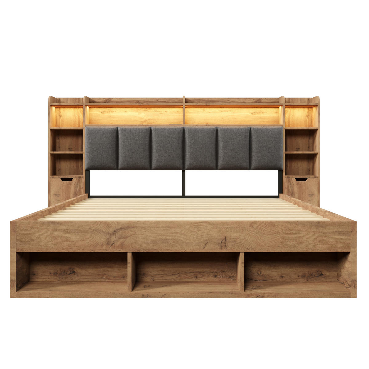 POLSTERBETT 180/200 cm Eiche mit LED-Beleuchtung, USB- und Type-C-Anschlüssen und Rollschubladen - Eichefarben, Holz (180/200cm) - Oxeza
