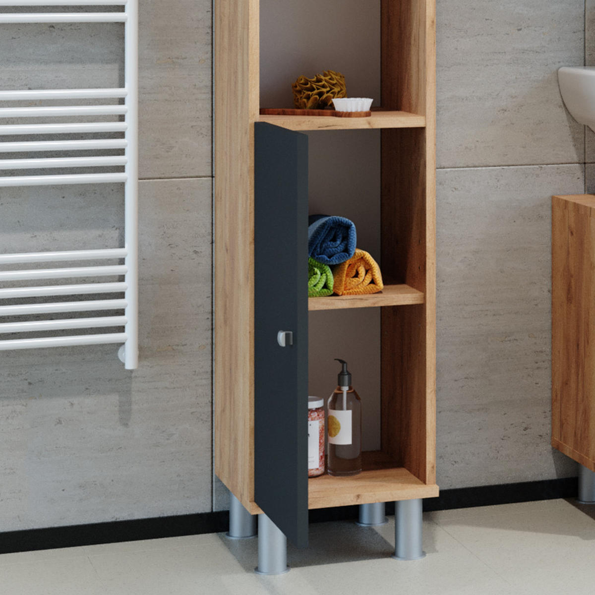 BADSCHRANK Fynn Eiche 30 x 190 cm - Eichefarben/Anthrazit, Holzwerkstoff (30/190/30cm) - Vicco