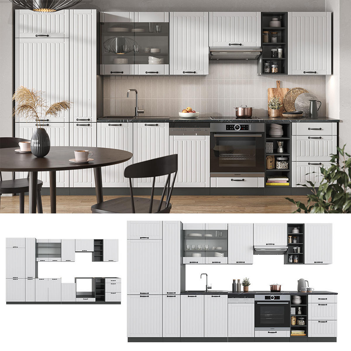 KÜCHENZEILE Fame-Line Weiß Landhaus/Anthrazit 355 cm, AP Eiche - Anthrazit/Creme, Holzwerkstoff (355/81.6/60cm) - Vicco