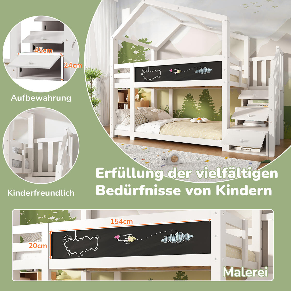 ETAGENBETT aus Kiefer-Massivholz und MDF 90x200 cm in Weiß mit Tafel & Stauraum - Weiß, Holzwerkstoff (90/200cm) - Modfu