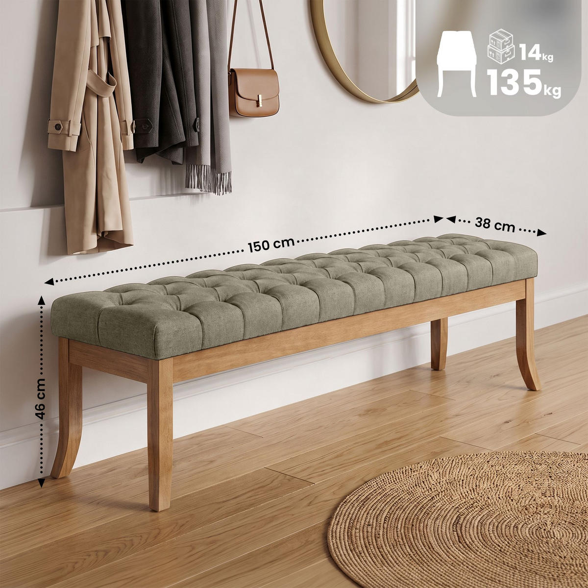 SITZBANK 150/38 cm Stoff Taupe - Taupe/Naturfarben, Holz/Textil (150/46/38cm) - CLP