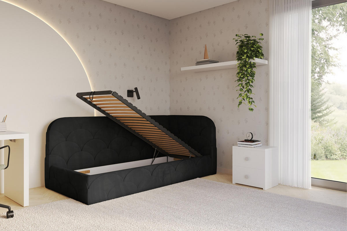 EINZELLBETT Jugendbett mit Bettkasten und Matratze H3/H4, Links - ELRY 90x200 Schwarz - Schwarz, Holzwerkstoff/Textil (90/200cm) - ALTDECOR