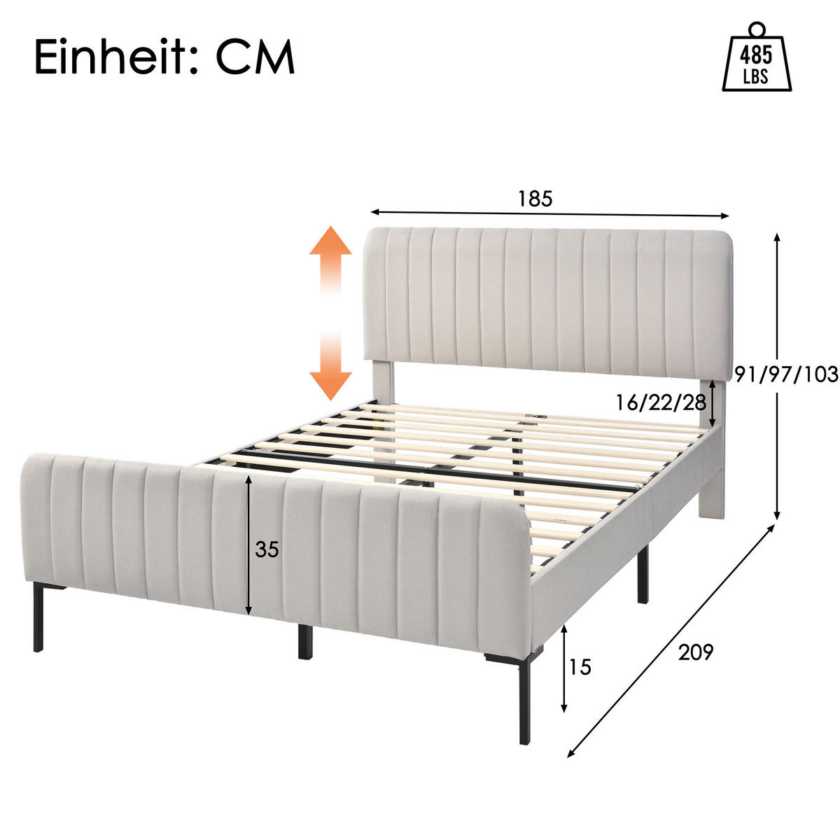 POLSTERBETT 180/200 cm mit verstellbarem Kopfteil und Lattenrost, Leinenbezug, Grau-Beige - Grau, Textil (180/200cm) - Redom