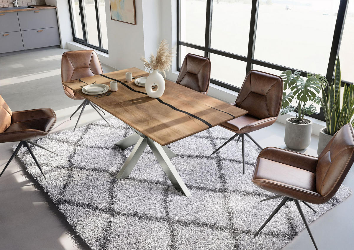 ESSTISCH Mango 180x90x74 natur lackiert / Epoxid schwarz, Kreuzgestell silber matt EPOXY - Naturfarben, Holz (180/90/74cm) - Massivmoebel24