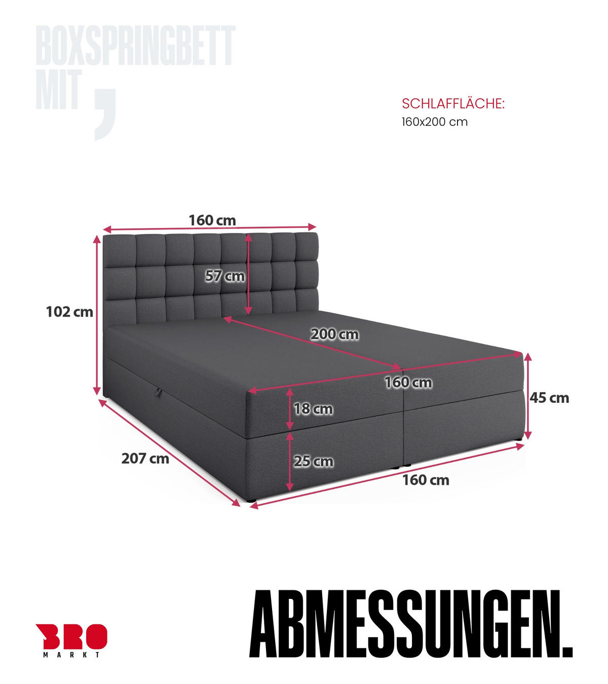BOXBETT Dakota mit Topper 160/200 Dunkelgrau - Dunkelgrau, Textil (160/200cm) - Bromarkt