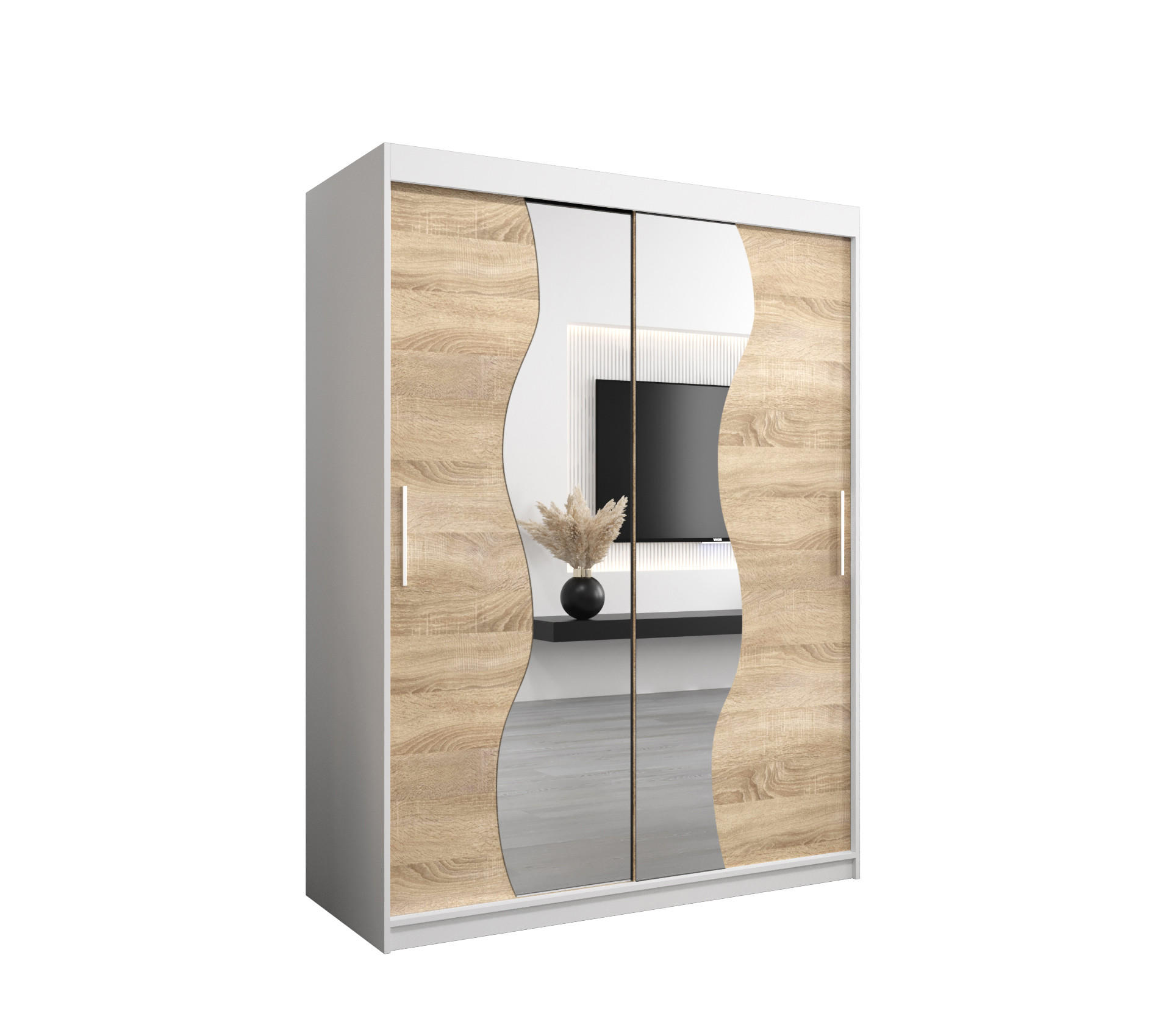 Möbel Kryspol Schwebetürenschrank Weiß, Sonoma Eiche 150x200x62 cm