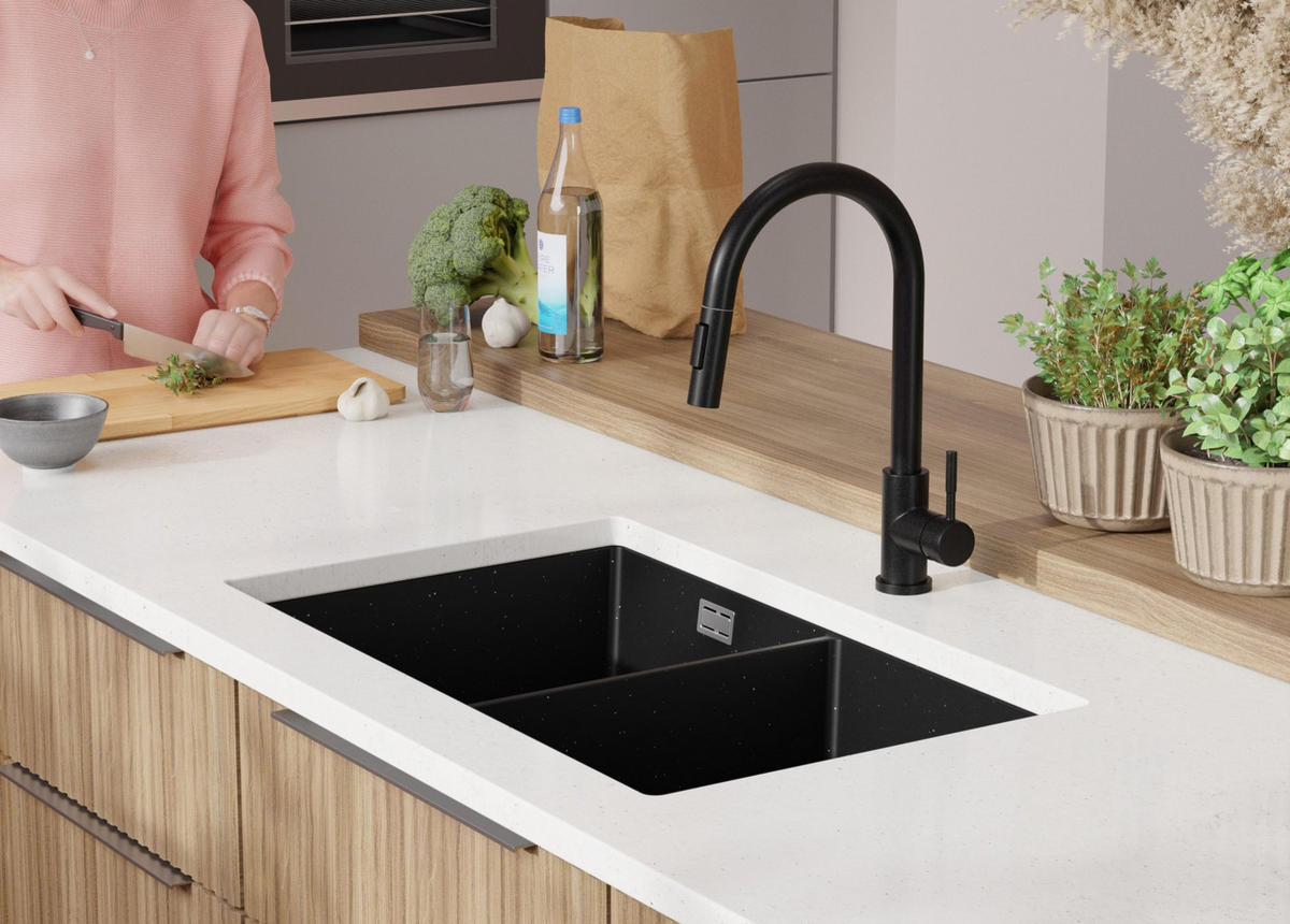 UNTERBAUSPÜLE GRANIT London Twin, 2-er set Schwarz Metallic 76/47 cm 2 Becken + Ablauf-Set ab 80er Unterschrank - Chromfarben/Schwarz Hochglanz, Kunststoff (76/20/47cm) - Primagran