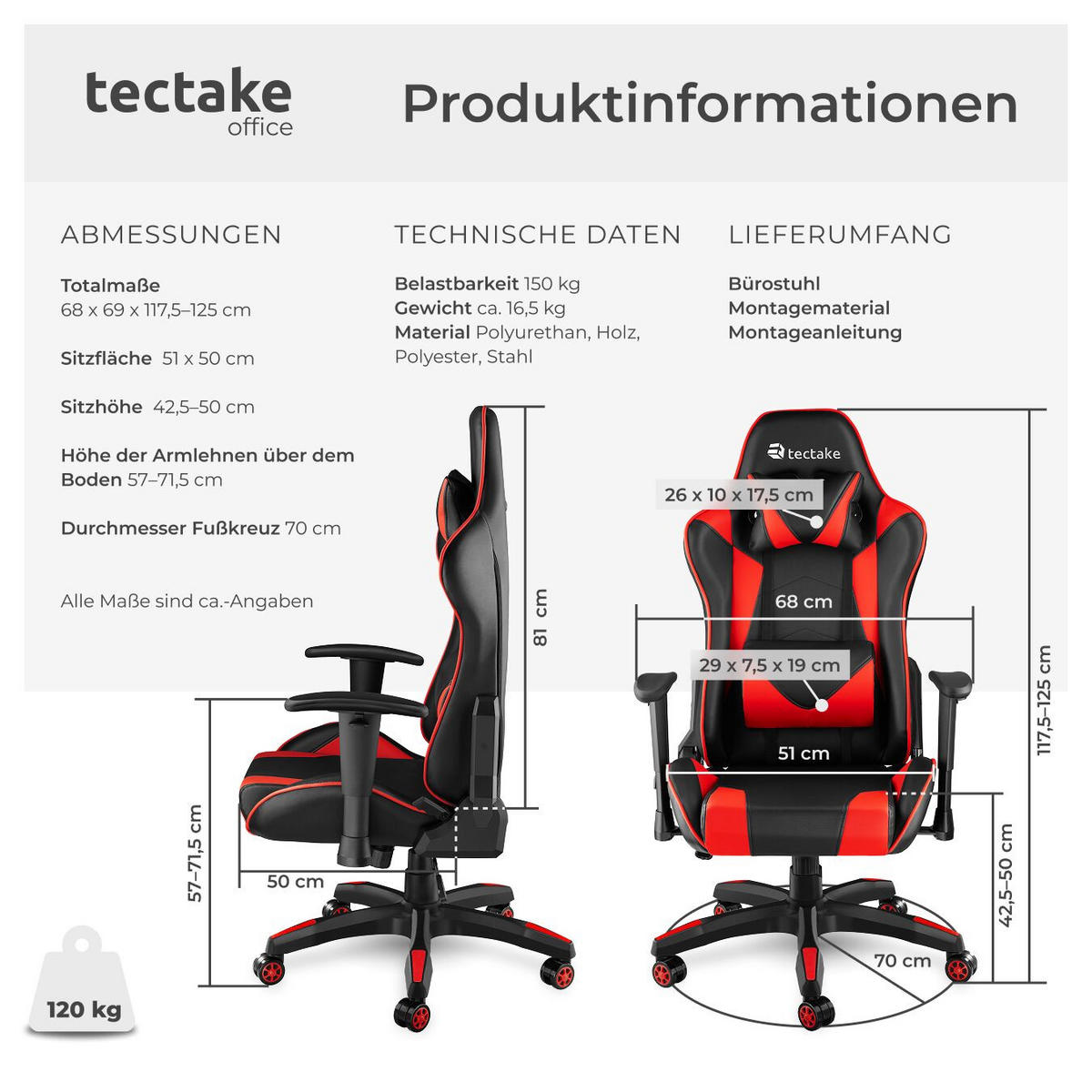 RACING-GAMINGSTUHL Twink,Belastbarkeit 120 kg,schwarz/rot - Rot/Schwarz, Textil (68/125/69cm) - tectake