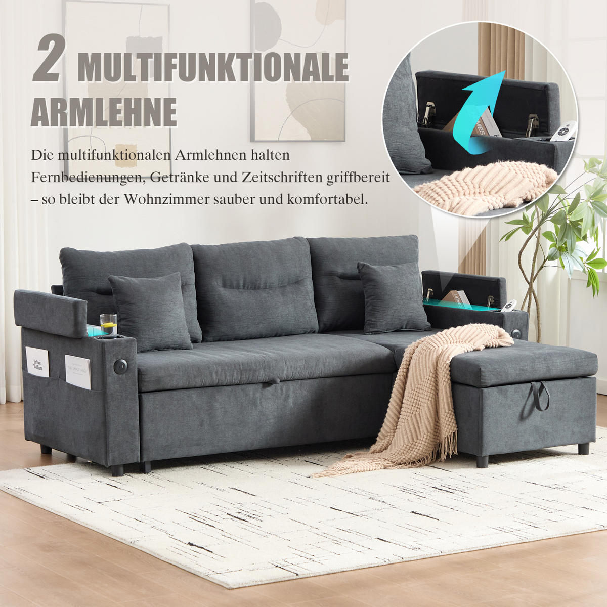 ECKSCHLAFSOFA 3-Sitzer Leinen mit USB-Anschluss und Stauraum Dunkelgrau 212,5/136/86 cm - Dunkelgrau, Textil (136/212.5cm) - Redom