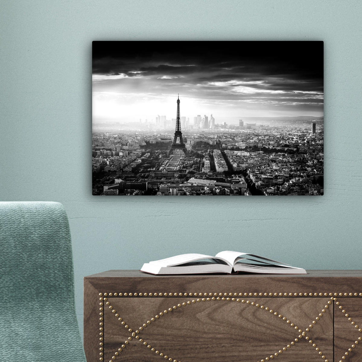 LEINWANDBILD Paris - Skyline - Eiffelturm - Stadt - Wolken Deko Schlafzimmer 30x20 cm - Dunkelgrau, Textil (30/20cm) - MuchoWow