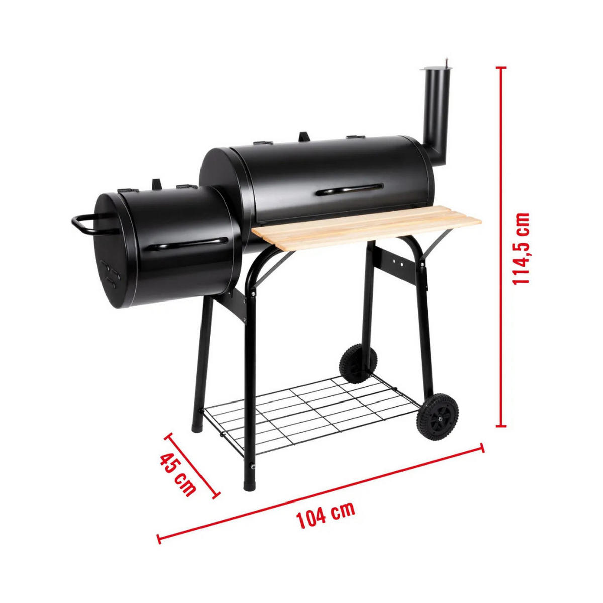 SMOKER Holzkohlegrill 2-in-1 Schwarz, 104x58x114 cm, Grillwagen, BBQ Grill, Räder, Ablagefläche, Grillstation, Outdoor Grill, Barbecue Smoker - Schwarz, Metall (104/114.5/58cm) - BBQ Collection